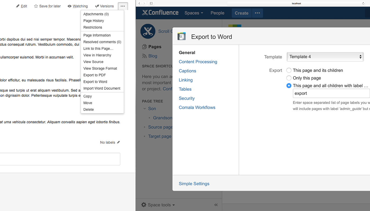 Export scope in Confluence's Word exporter VS Scroll Office